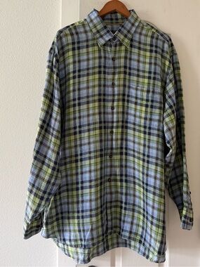 Robert Talbott XXL 100% Linen Plaid Button Front Shirt Blue Green Long Sleeve